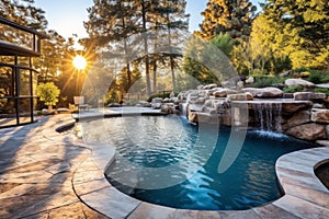 Pool area backyard sunset. Generate Ai