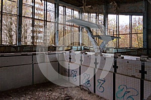 Pool Azure in abandoned ghost town of Pripyat in Chernobyl nuclear power plant alienation zone 32 years without people, Ukraine
