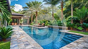 A pool in a backyard surrounded by lush green trees, AI