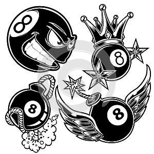 Pool 8 Ball Billiard Wing Crown Boom vector illustration