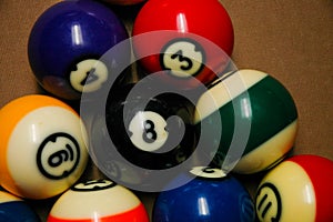 Pool balls on a billiard table.