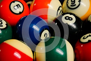 Pool balls on a billiard table.