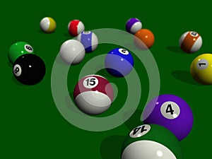 Pool balls on a green billiard table