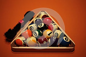 Pool balls pyramid on orange cloth for eightball game