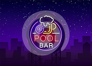 Pool bar logo in neon style. Neon sign design template for Billiard bar, club, beer and billiard light banner, night