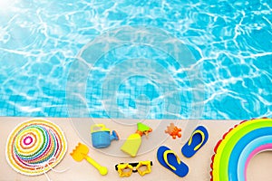 Pool and beach items flat lay. Summer vacation.