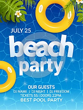 Pool beach summer party invitation banner flyer design. Water and palm inflatable yellow mattress. Beach party template poster