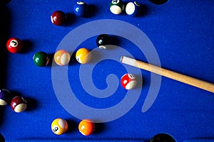 Pool billiard balls on blue table sport game set. Snooker, pool game