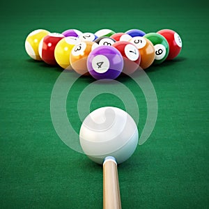 Pool or billiard balls and cue on green table cloth. 3D illustration