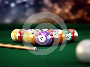 Pool or billiard balls and cue on green table cloth. 3D illustration