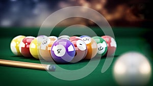 Pool or billiard balls and cue on green table cloth. 3D illustration