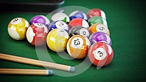 Pool or billiard balls and cue on green table cloth. 3D illustration