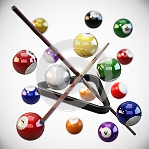 Pool or billiard balls, cues and triangle on white background. 3D illustration