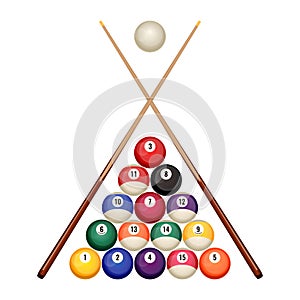 Pool billiard balls starting position with crossed wooden cues vector