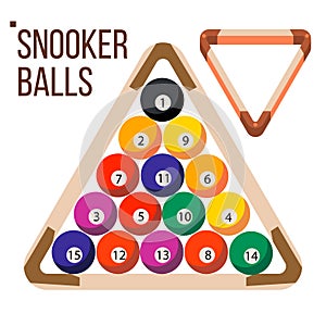 Pool Billiard Balls Vector. Snooker. Wooden Rack. Isolated Flat Illustration photo