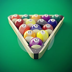 Pool billiard balls in a wooden rack. 3d illustration
