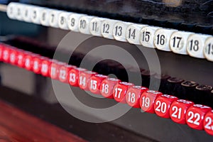 Pool or billiard score keeping scoreboard closeup