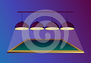 Pool billiard table with four ceiling lamps that shine and hang on purple background. Vector illustration in realistic style. photo