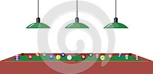 Pool Billiard table and hanging lamps under it, side view. Multi colored pool balls on billiard table. Vector illustration