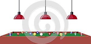 Pool Billiard table and hanging lamps under it, side view. Multi colored pool balls on billiard table. Vector illustration