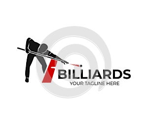 Pool billiards, human next to red table with snooker cues and balls, logo design. Billiards sport game and tournament with player,