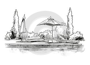 By the pool. Black and white quirky sketch of sunbeds by the pool