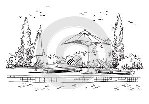 By the pool. Black and white quirky sketch of sunbeds by the pool