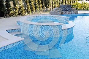 Pool with Blue Tiles, Artificial Waterfall, Round Kids Pool