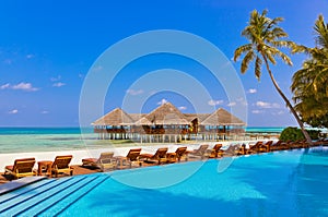 Pool and cafe on Maldives beach