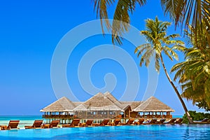 Pool and cafe on Maldives beach