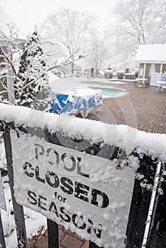 Pool Closed Sign in Snow Storm