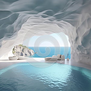 Pool created inside a cave. Modern house design in wavy shape overlooking the ocean.