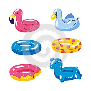 Pool cute kids inflatable floats, vector isolated design elements. Unicorn, flamingo, swan ball, donut icons isolated on