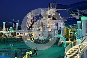 Pool deck on the Norwegian Bliss cruise ship, docked in San Diego, California