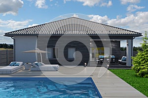 Pool deck with using landscape timber, 3D illustration