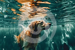 pool dog funny vacation underwater fun water swimming puppy snorkeling. Generative AI.