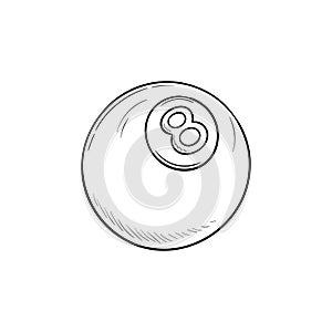 Pool eight ball hand drawn outline doodle icon.