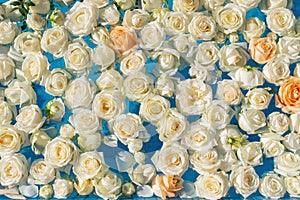 The pool filled with white rose flowers. Wedding decor.