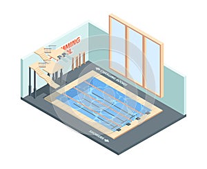 Pool fitness interior. Spa diving leisure club for swimmers sport center isometric building