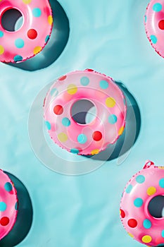 Pool floats with colorful polka dots on blue background. Summer concept