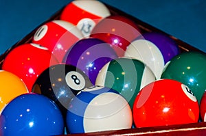 Pool game balls set in triangle on the table