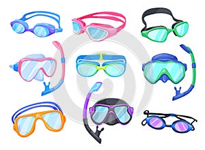Pool goggles. Cartoon swimming aviator glasses set, professional diving goggle snorkel mask tube for sport swim in photo