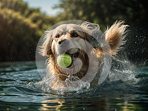 In the pool, a happy puppy dog dives and leaps, holding tennis ball in his mouth,