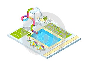 Pool hotel. Recreation area resort vacation water slide park vector isometric illustrations