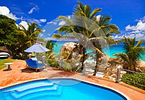 Pool in hotel at tropical beach, Seychelles