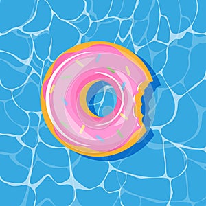 Pool infantable pink donut mattress place on water texture.