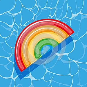 Pool infantable rainbow mattress place on water texture.