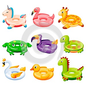 Pool inflatable rings. Kids floating toys with animals and birds. Vector illustration. Summer beach leisure elements