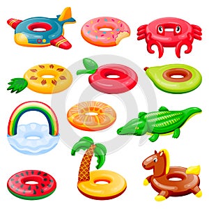 Pool inflatable rings set. Boys and girls floating funny toys. Vector illustration. Summer beach kids leisure elements