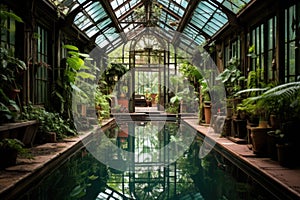 A pool inside of a glass walled building. Generative AI image. photo